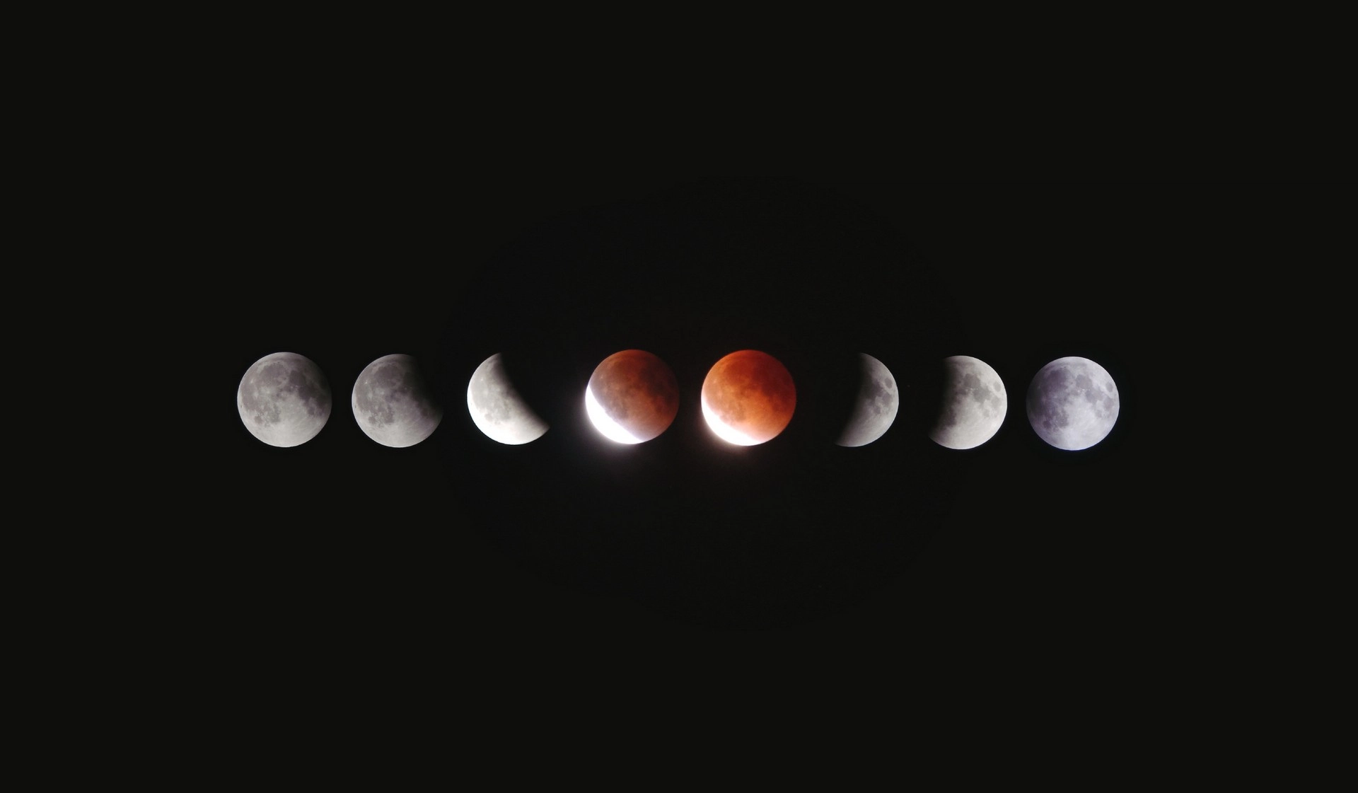 Phases of a lunar eclipse showing the moon’s transition from full moon to blood moon and back