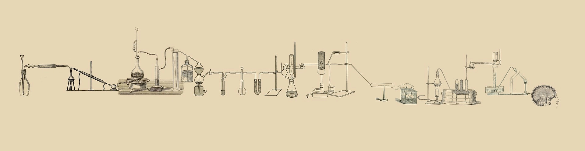 Vintage scientific diagram of early laboratory equipment and experimental machines.